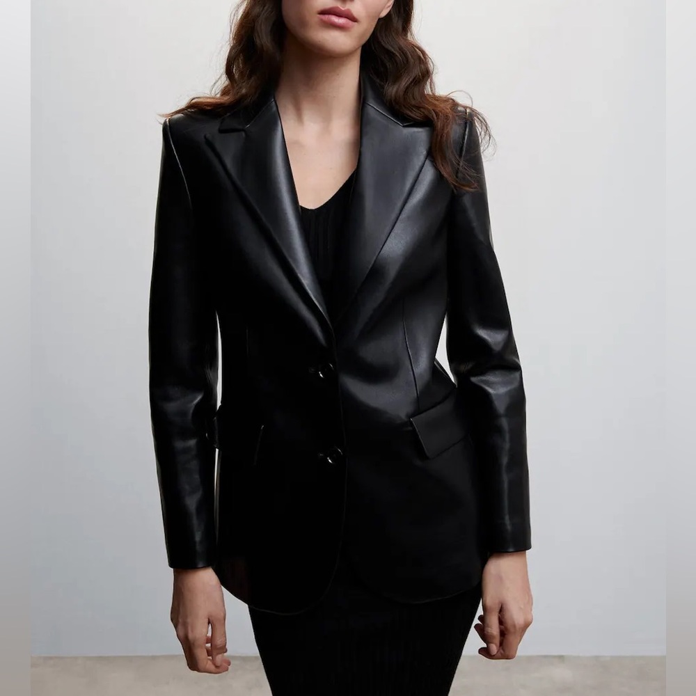 Mango MNG Black Faux Leather Blazer Jacket Two Button XXL NEW